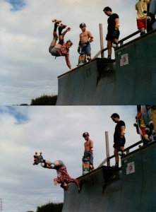 Rider: Joe90<br> Spot: Mordialoc<br> Date: 1988<br> Trick: Layback Air and Miller-Flip<br> Photographer: Bruce Farley