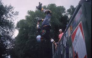 Rider: Perry Gruner<br> Trick: Handplant<br> Spot: Green Ramp<br> Karlsruhe<br> Photographer: Bernhard Scheffold<br> Date: June 1990